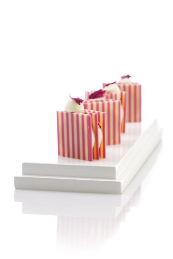 Dobla Cuadrado Domino Rosa/Blanco — placa de chocolate decorativa para pastelería