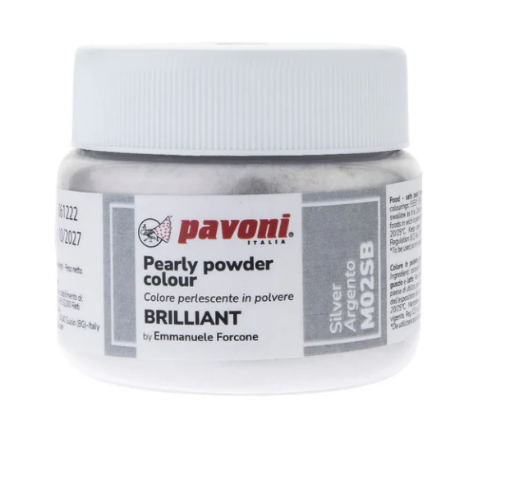 Pavoni Brilliant Colorante Polvo Metal Plata — colorante metalizado para chocolate y pastillaje
